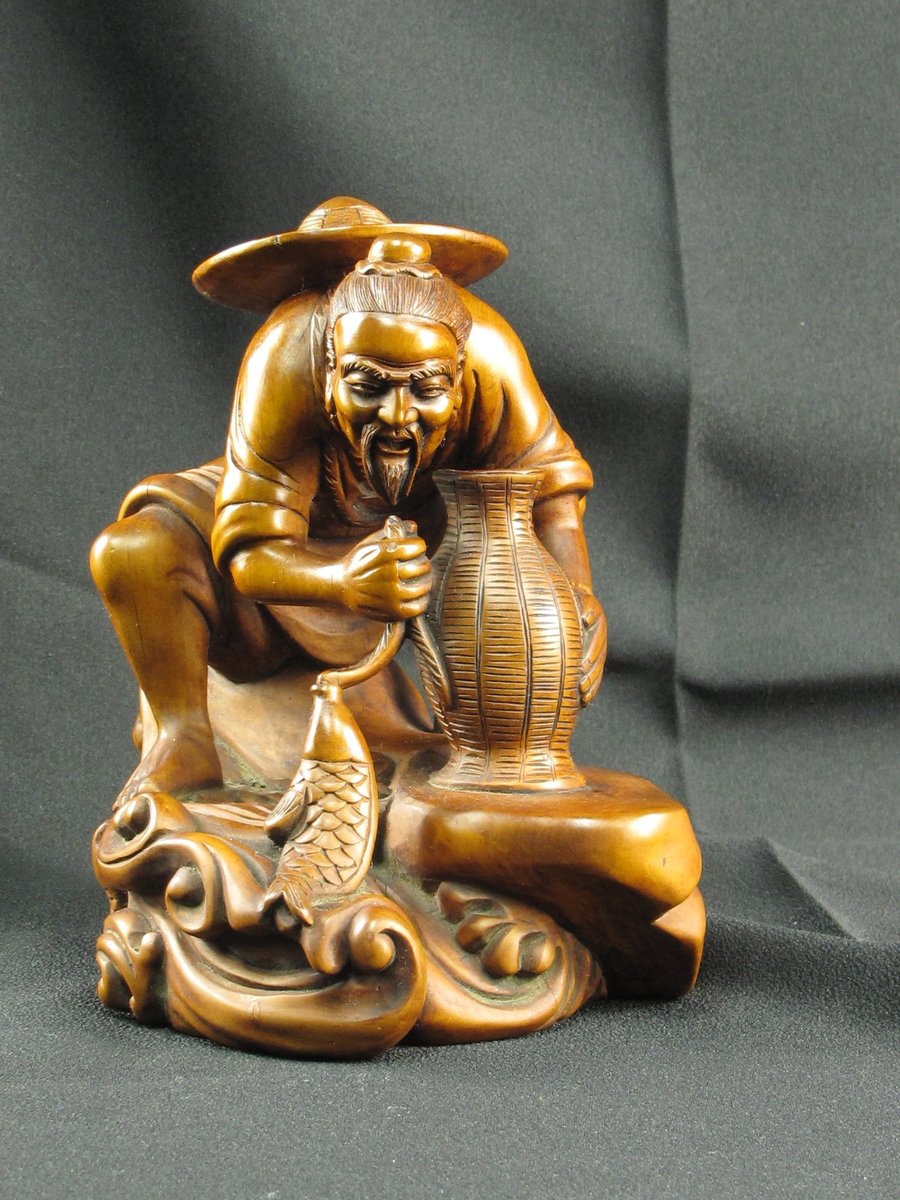 VINTAGE CHINESE WOOD STATUE OF FISHERMAN Baum Galleries