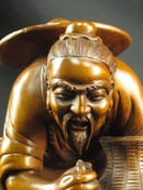 Image of VINTAGE CHINESE WOOD STATUE OF FISHERMAN