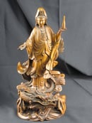 Image of VINTAGE CHINESE WOOD STATUE OF QUAN YIN WITH DRAGON