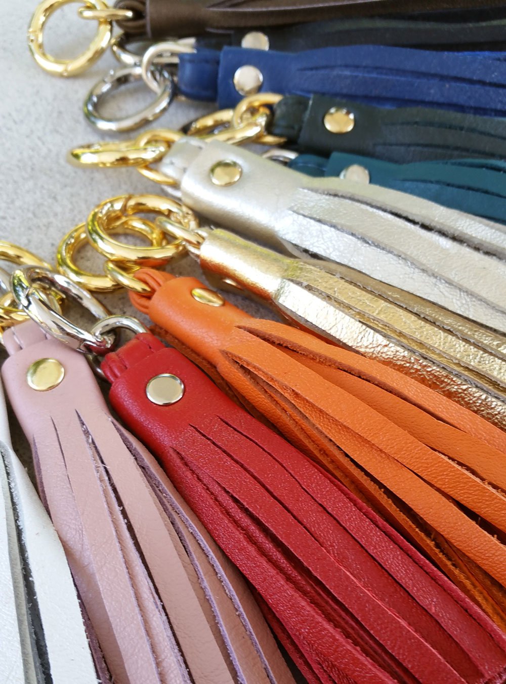 Image of Genuine Leather Tassel - Handbag Charm - 3 Sizes - Gold & Nickel Finishes - 25 Leather Colors