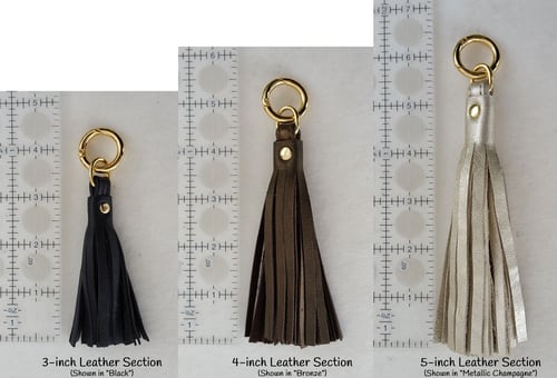 Image of Genuine Leather Tassel - Handbag Charm - 3 Sizes - Gold & Nickel Finishes - 25 Leather Colors