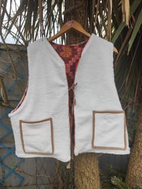 Image 5 of Woodstock Reversible Gilet - Vintage kantha fabric and white teddy fur reds yellow