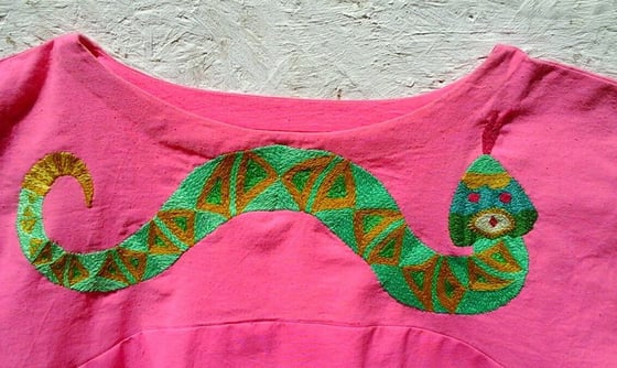 Image of Bright pink crop top  with hand embroidered snake big boxy fits up to 2XL