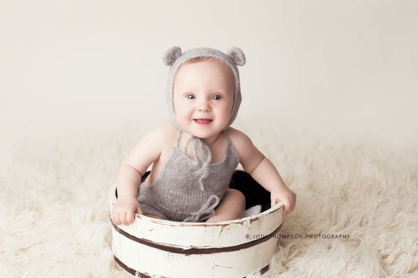 Image of Sitter romper and bear bonnet set Photography prop