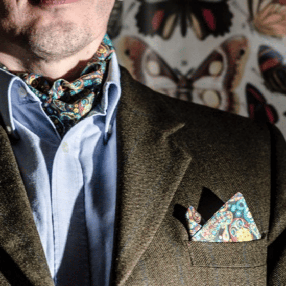 Image of Gent's Multi Coloured Paisley Liberty Print Cravat and Pocket Square