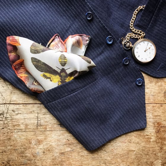 Image of MUSEUM MOTHS...100% SILK POCKET SQUARE WITH HAND ROLLED EDGES
