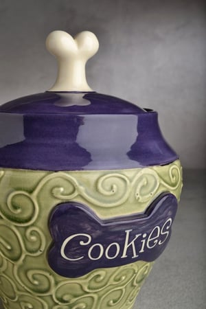 Image of Dog Treat Jar Green and Purple "Biscuits"
