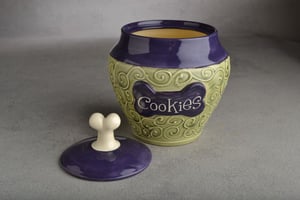 Image of Dog Treat Jar Green and Purple "Biscuits"