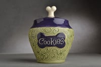 Image 1 of Dog Treat Jar Green and Purple "Biscuits" Made to Order by Symmetrical Pottery