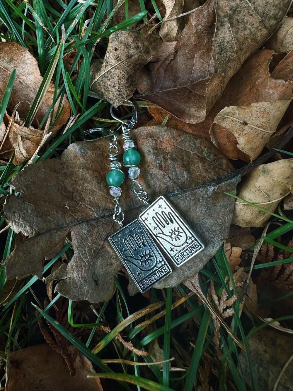 Image of Good Fortune Oracle Card Earrings w/ Green Adventurine