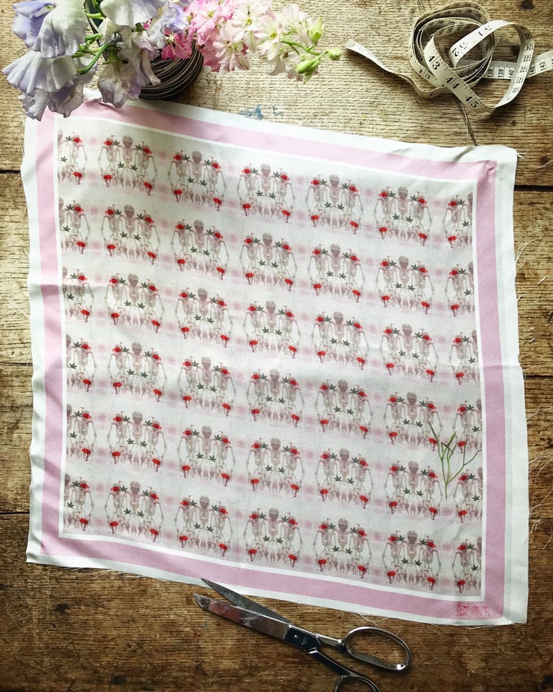 Image of PINK SKELETONS - 100% SILK TWILL POCKET SQUARE WITH HAND ROLLED EDGES