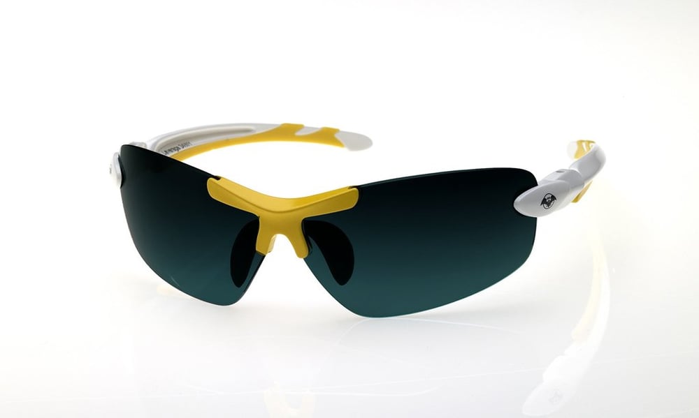 Image of Victory 34 unisex white/yellow frame plus soft pouch and hard case.