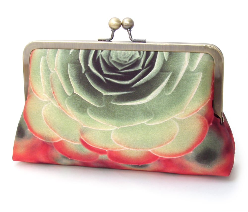 Image of Red + green succulent, printed silk clutch bag + chain handle