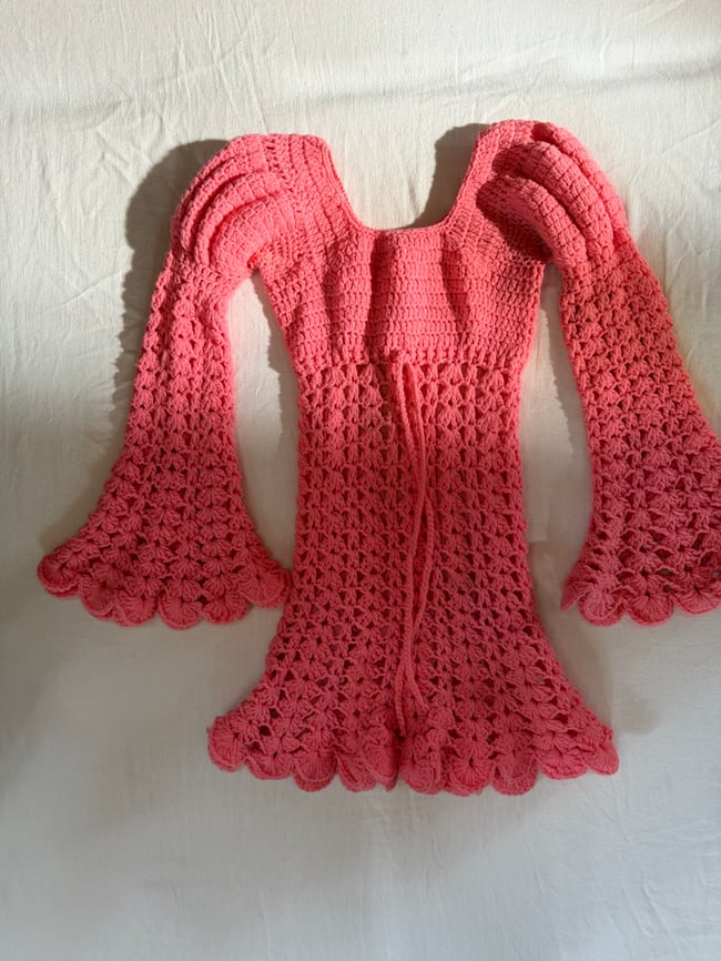 1960s pink crochet leg of mutton poet sleeve mini dress