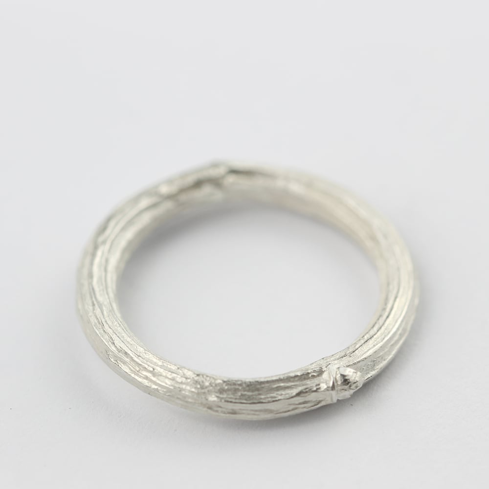 Image of  silver apple twig ring. 