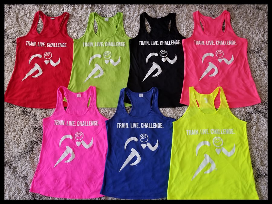 Image of TRAIN.LIVE.CHALLENGE. RACERBACK TANKS