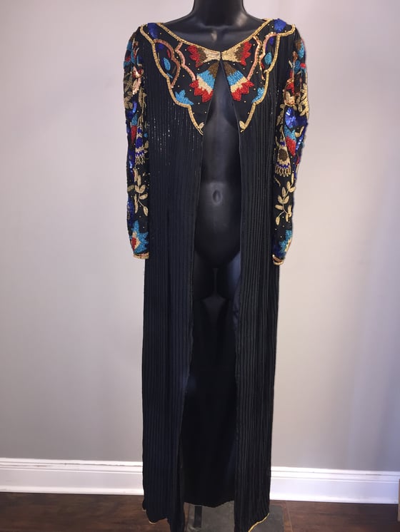 Image of VTG SILK SEQUINED BEADED GLAMBABE MAXI DUSTER S/M