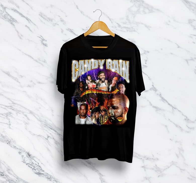 Image of "Candy Rain: the best rap party in the world" bootleg tee.