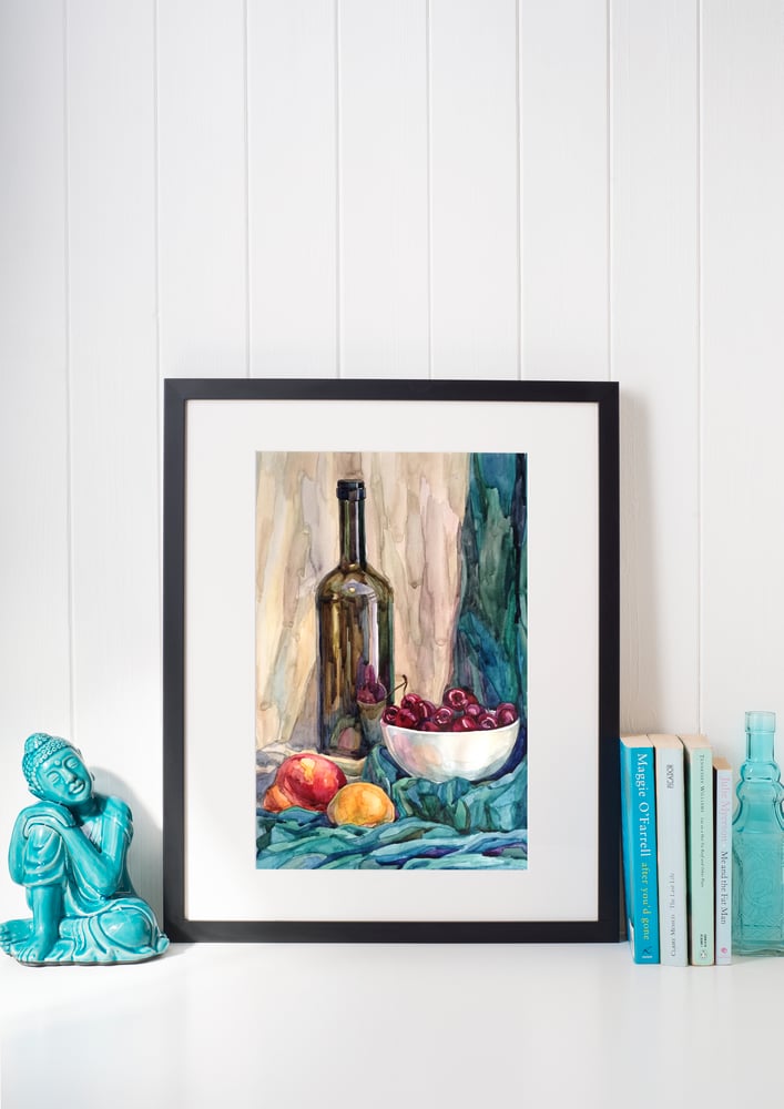 Image of Original Watercolor - Still Life "Wine & Fruits" - Acuarela - Bodegón