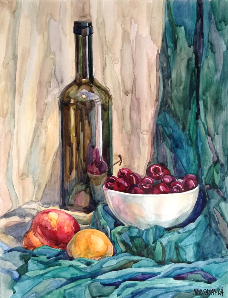 Image of Original Watercolor - Still Life "Wine & Fruits" - Acuarela - Bodegón