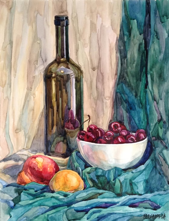 Image of Original Watercolor - Still Life "Wine & Fruits" - Acuarela - Bodegón