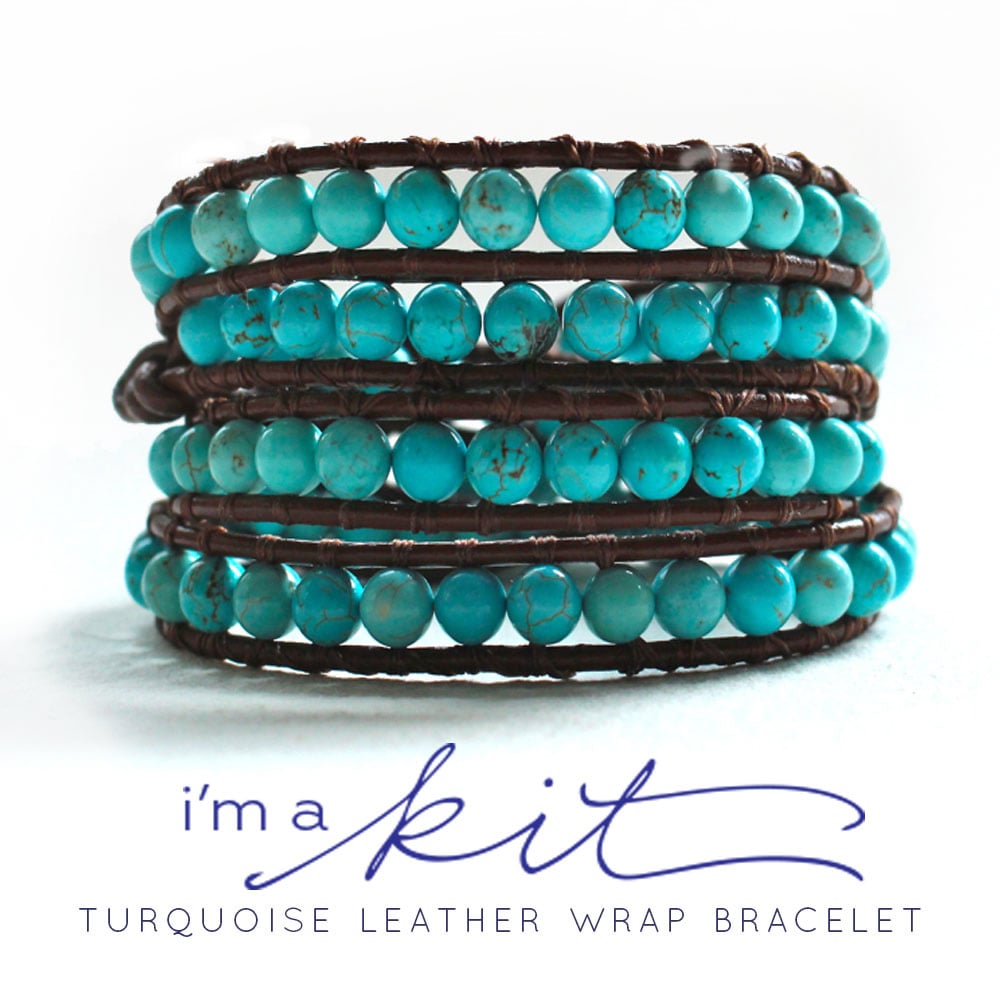 july supply leather wrap bracelet kit turquoise beads, brown leather july supply