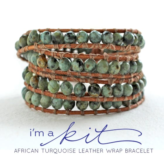 Image of leather wrap bracelet kit, african turquoise beads, brown leather