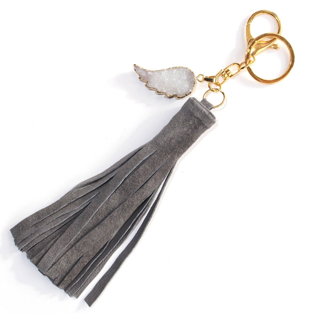 Image of tassel keychain, druzy quartz angel wing, suede leather tassel purse charm
