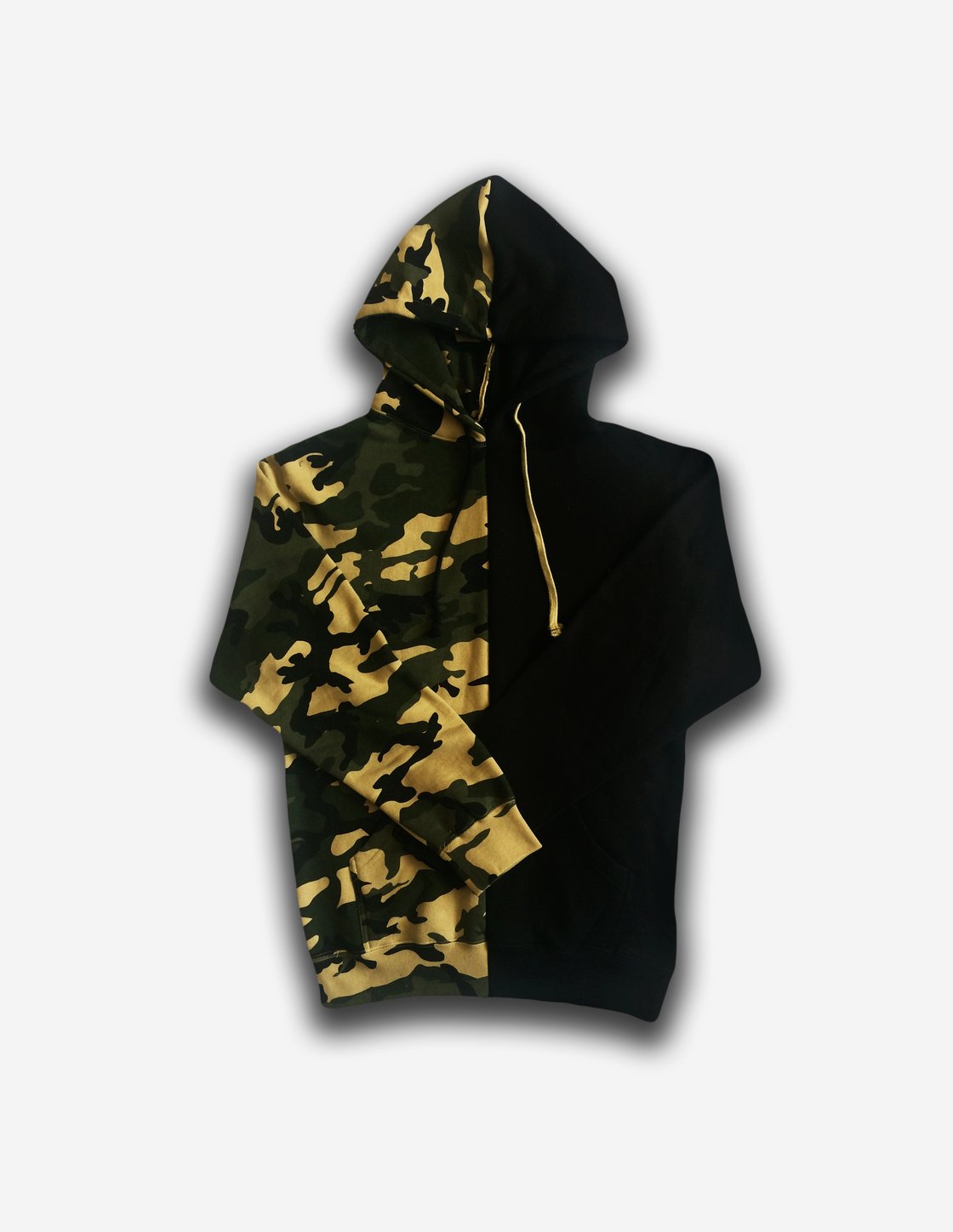 Image of CAMO/BLACK SPLIT HOODIE SIZE SMALL