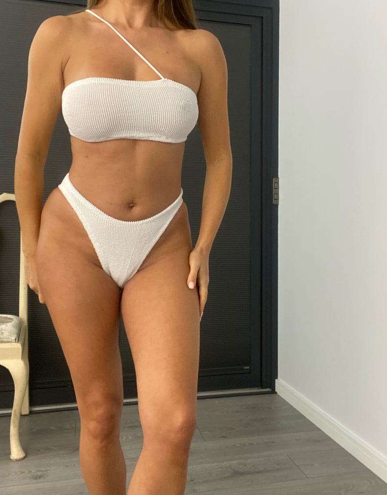 Image of White Crinkle Asymmetric Strap Bandeau Bikini 