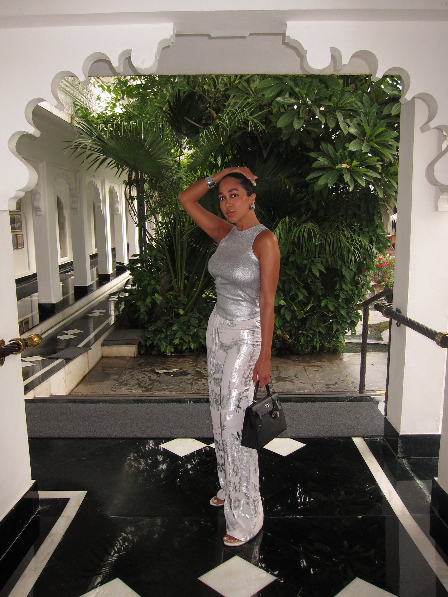 Image of ZARA FLOWY METTALIC PANTS (M) & FOIL TANK (S)
