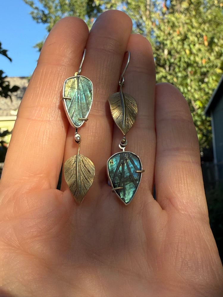 Image of Kinetic Leaf-Carved Labradorite Mixed Metal Asymmetrical Dangle Earrings