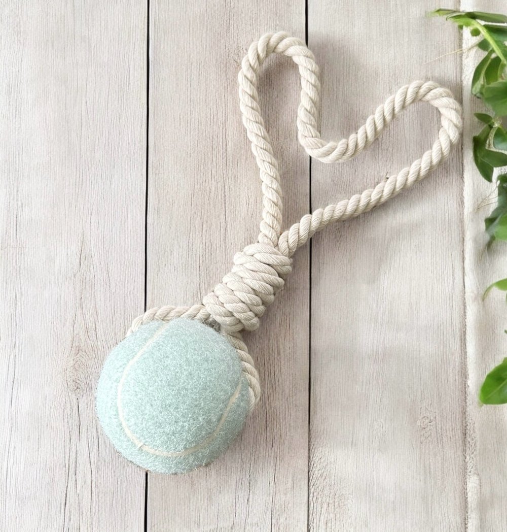 Image of Personalized Hazel Knotted Tennis Ball Chew Toy Rope Tug-Of-War Interactive Toy 