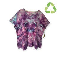 Image 1 of ♻️ UPCYCLED XL Petite Unisex Heart Tee in Pinkish Purple Ice Dye