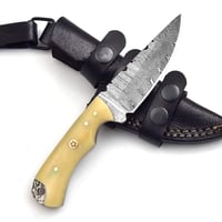 Image 1 of 8" Handmade Damascus Steel Skinner Knife with Bone Handle & Cowhide Leather Sheath