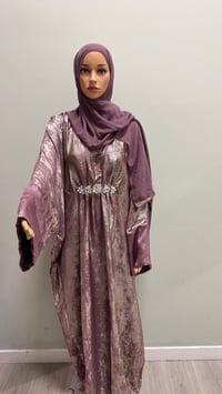 Image 2 of Korean shimmer fabric Puff sleeves butterfly Abaya sparkling magenta comes with a matching scarf 