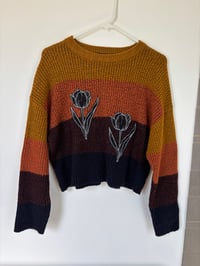 Image 1 of Upcycled Knit Sweater with Embroidered Tulips – Medium Colorblock Fall Sweater, One of a Kind