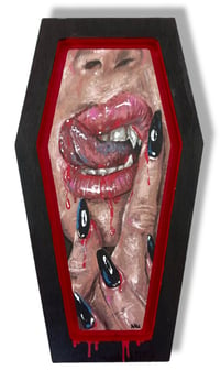 Image 1 of “FANGS” ORIGINAL PAINTING ON COFFIN PANEL 8”x4.5”