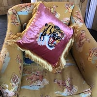 Image 15 of blue or pink  cotton velvet with embroidered tiger patch and gold fringing