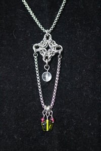 Image 1 of Chainmail diamond pendant with green glass star, crystal quartz and garnet on box chain 