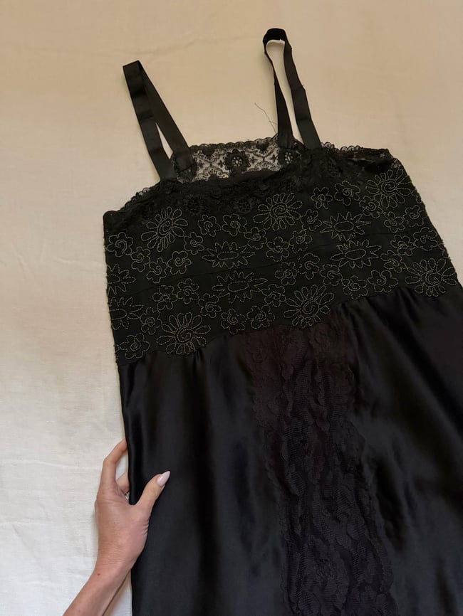 antique black silk hand beaded dress flapper lingerie 20s 30s