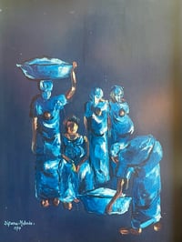 Image 3 of Mid Century Blue Oil Figurative On Canvas