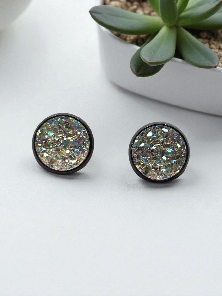 Image of Iridescent Faux Druzy Stud Earrings - Sparkly Boho Crystal Jewelry