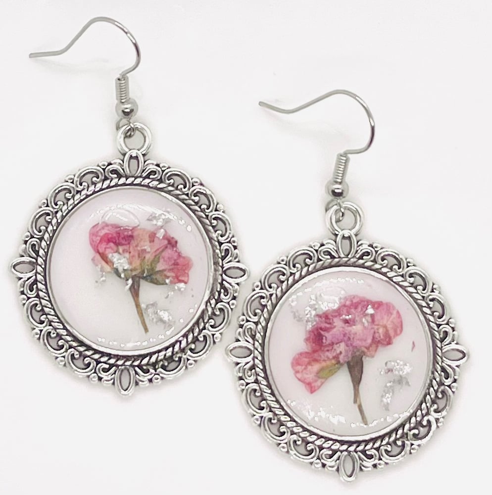Image of SILVER PINK ROSE DANGLES 