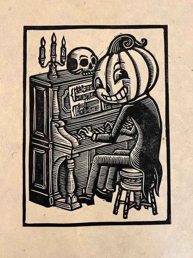 Piano Playing Pumpkin Block Print