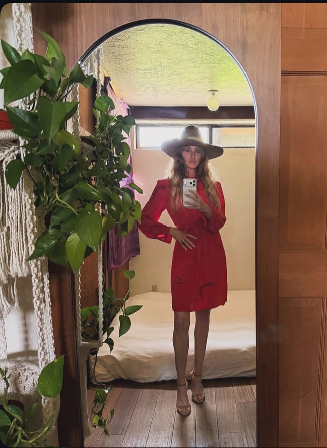 1970s Zandra Rhodes red silk feather and sun print scarf dress