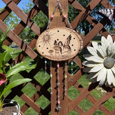 Image of sun fairy hanging beaded wood art 