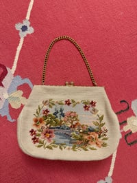 Image 5 of MADE IN DETROIT large 1950s floral countryside needlepoint purse in cream