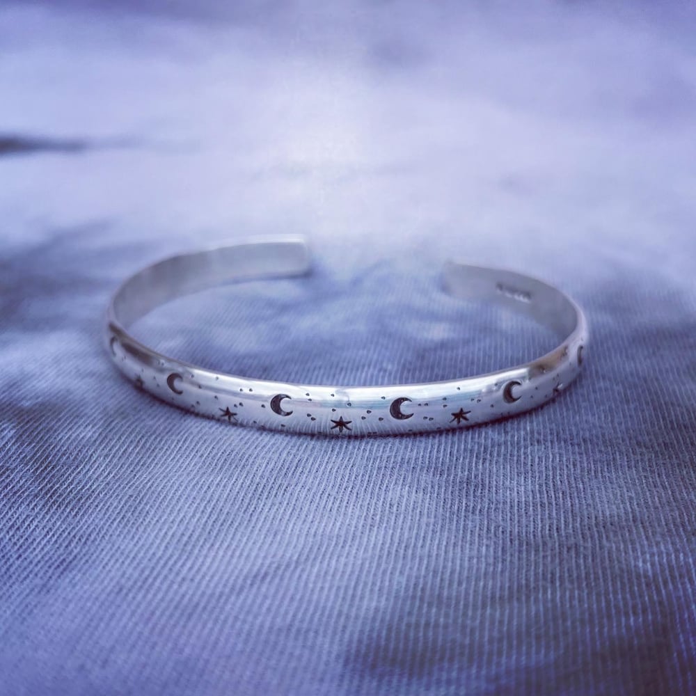Star and Moon silver stamped cuff bracelet. Heavy celestial sterling bangle. Chunky cosmic cuff.