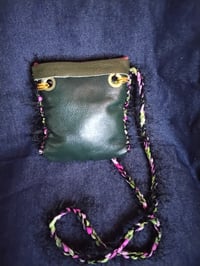 Image 2 of Red and black leather crossbody bag with crocheted front 